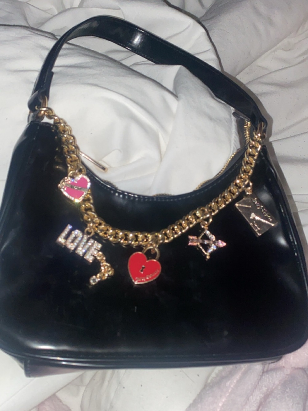 Juicy Couture Black Patent Shoulder Bag with Gold Charm Chain